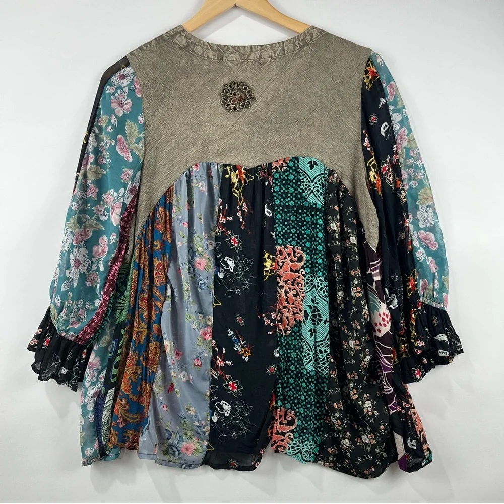 Boho Patchwork Button Down Blouse M | Embroidered Flowy Layering Top - Picture 2 of 11